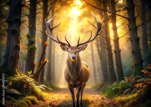 Magnificent stag stands alert in forest, illuminated by warm sunlight, with several arrows stuck in its body, showcasing a dramatic and intense hunting scene. photo