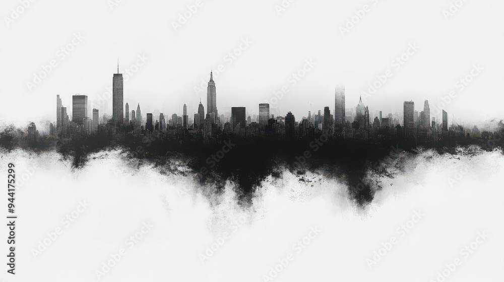 A city skyline emerging from a cloud of smoke or mist A city skyline emerging from a cloud of smoke or mist