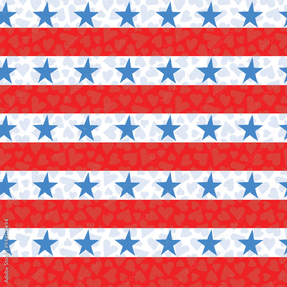 Patriotic Red and White Stripes with Blue Stars on a Textured Hearts Background creating a seamless pattern print background Patriotic Red and White Stripes with Blue Stars on a Textured Hearts Background creating a seamless pattern print background