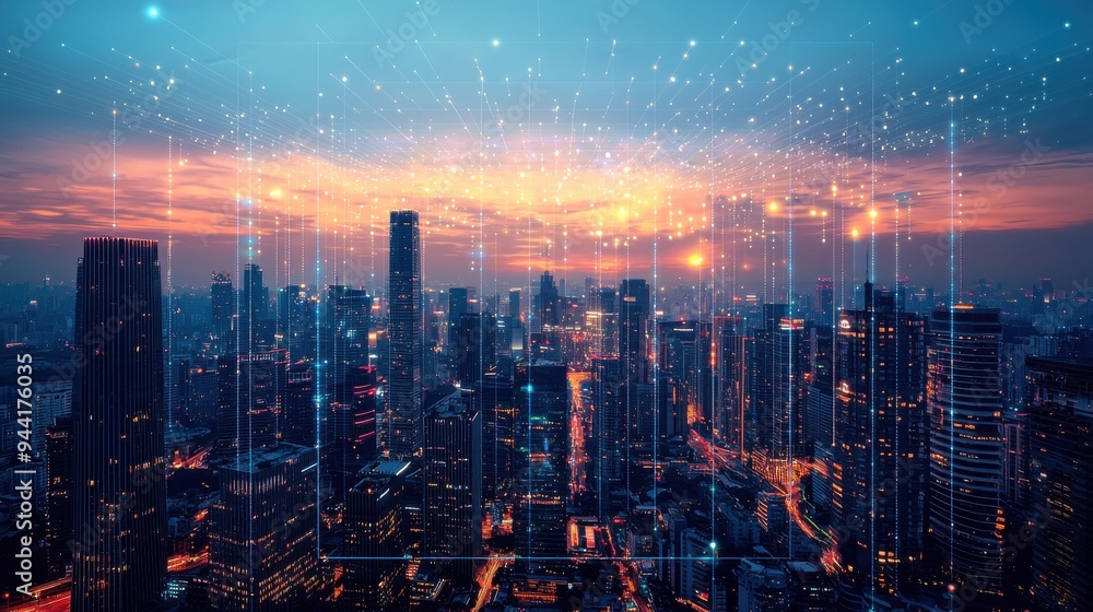A vibrant smart city skyline at dusk, where AI controls the street lighting and building illuminations, creating a dynamic and energy-efficient environment, with smart dimmers adjusting the A vibrant smart city skyline at dusk, where AI controls the street lighting and building illuminations, creating a dynamic and energy-efficient environment, with smart dimmers adjusting the