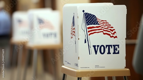 A person casting their ballot at an open voting booth, with the american flag and 