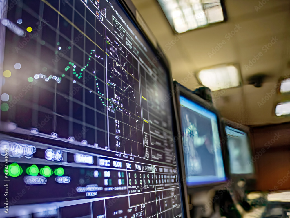 A computer monitor displays a graph with a green line. The graph is on a black screen A computer monitor displays a graph with a green line. The graph is on a black screen