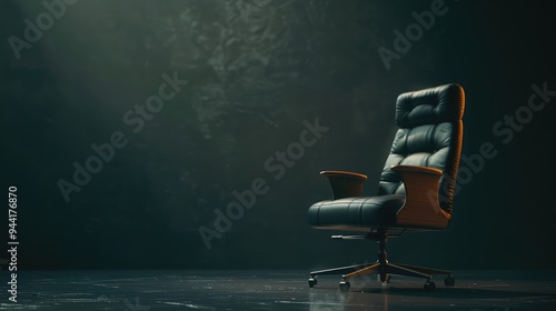 Black leather office chair in a dark room. Luxury leather office chair boss.  photo