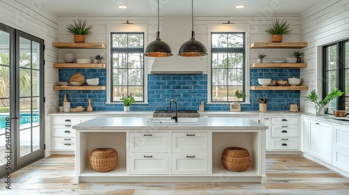 Modern white kitchen with blue backsplash and large island in bright, stylish home interior.