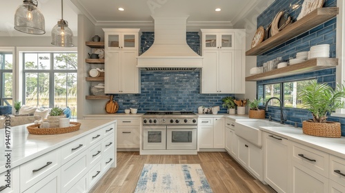 Modern farmhouse kitchen with white cabinetry, blue tile backsplash, and natural wood elements.