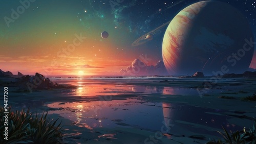 Beautiful mountain scene as if on an alien planet