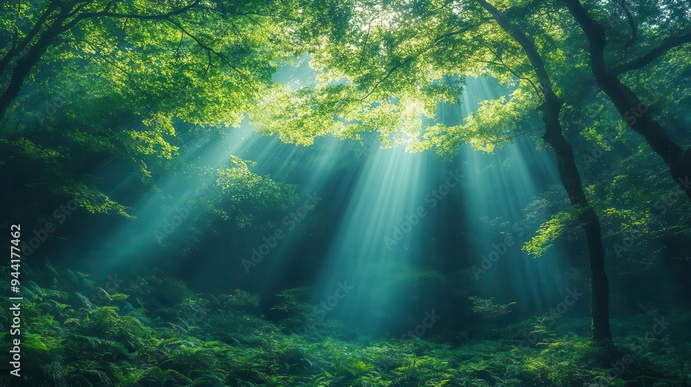 Sunbeams pierce through dense foliage in a verdant forest Sunbeams pierce through dense foliage in a verdant forest
