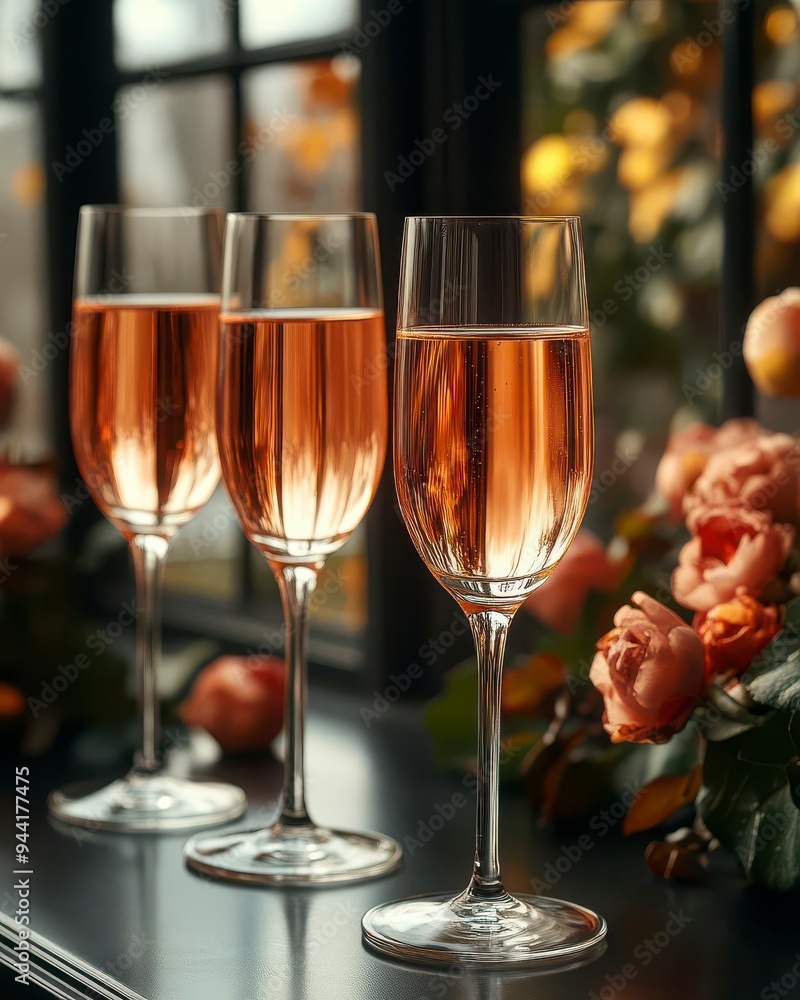 Three glasses of sparkling wine placed on a windowsill surrounded by flowers Three glasses of sparkling wine placed on a windowsill surrounded by flowers
