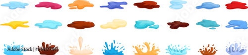 Liquid splatter surface icons set. Cartoon splashes and puddles of different colors are flowing on the ground