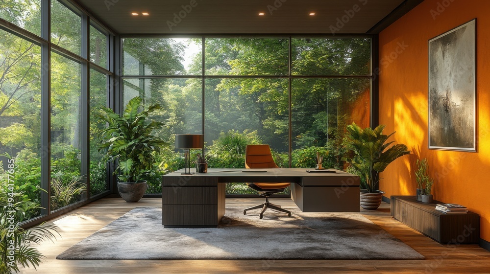 Modern office with large windows and lush greenery, creating a serene indoor workspace environment. Modern office with large windows and lush greenery, creating a serene indoor workspace environment.