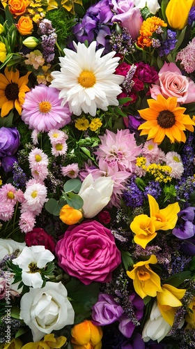 Wallpaper Mural A vibrant display of various types and colors of dahlia, chrysanthemum, lavender, sunflowers, pink roses, yellow tulips, purple irises, and white lilies Torontodigital.ca