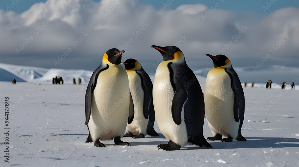 Fototapeta premium A group of Emperor penguins standing on a vast, icy landscape, scene evokes a sense of peace and tranquility. 