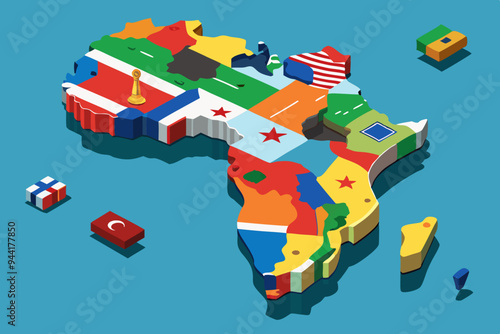 A dimensional map of Africa depicted with each country’s flag overlay, portraying a unique and informative perspective on the continent’s national landscapes and identities
