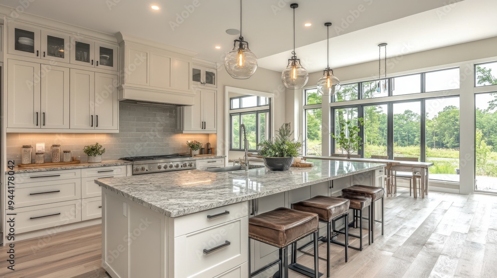 Modern kitchen interior with marble island and barstools featuring large windows overlooking greenery. Modern kitchen interior with marble island and barstools featuring large windows overlooking greenery.