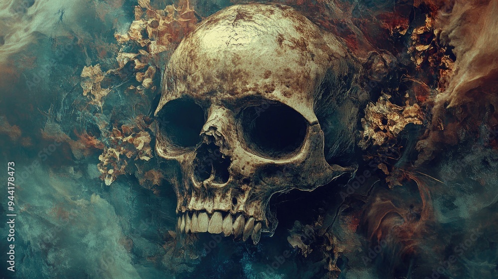 A Human Skull Emerging from a Swirling, Glowing Abstract Background A Human Skull Emerging from a Swirling, Glowing Abstract Background