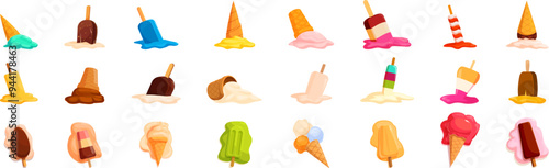 Melted ice cream icons set. Set of different tastes ice cream melting on the ground
