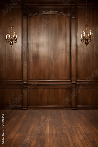 Dark Wood Paneling and Chandelier in a Classic Interior