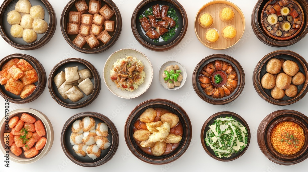 Close-up 3D view of a traditional Chinese food spread, highlighting the textures and flavors of the dishes on a plain white background, no people. Close-up 3D view of a traditional Chinese food spread, highlighting the textures and flavors of the dishes on a plain white background, no people.