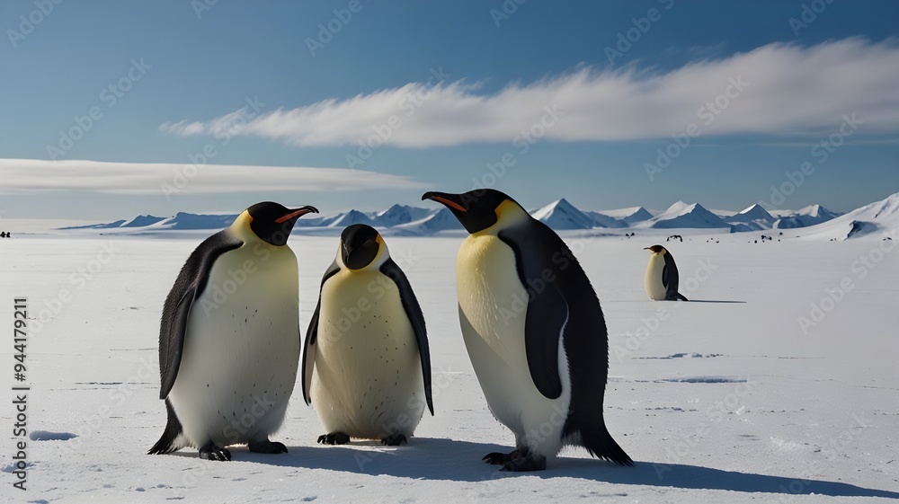Obraz premium A group of Emperor penguins standing on a vast, icy landscape, scene evokes a sense of peace and tranquility. 