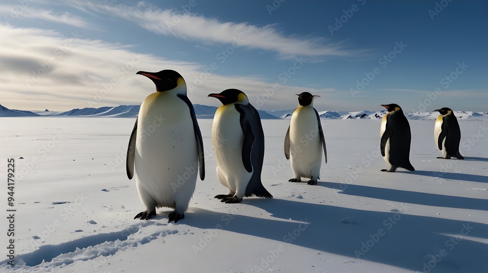 Fototapeta premium A group of Emperor penguins standing on a vast, icy landscape, scene evokes a sense of peace and tranquility. 