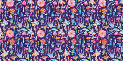 Seamless Pattern with Magic mushrooms, hand drawn vector illustration