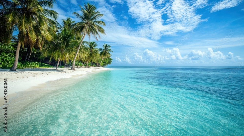 Fototapeta premium Tropical Paradise: Palm Trees and Azure Waters