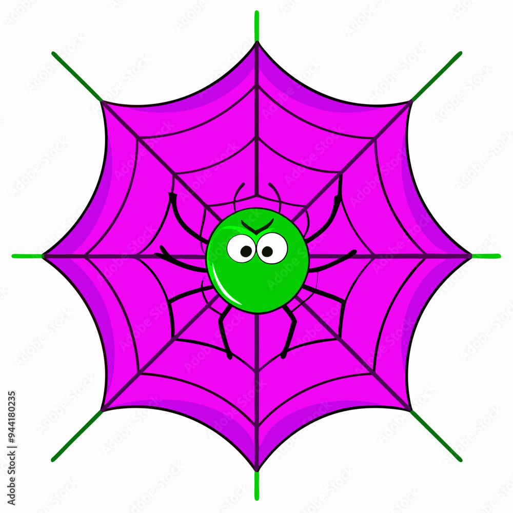 Fototapeta premium Green spider on a vibrant purple web, isolated on white