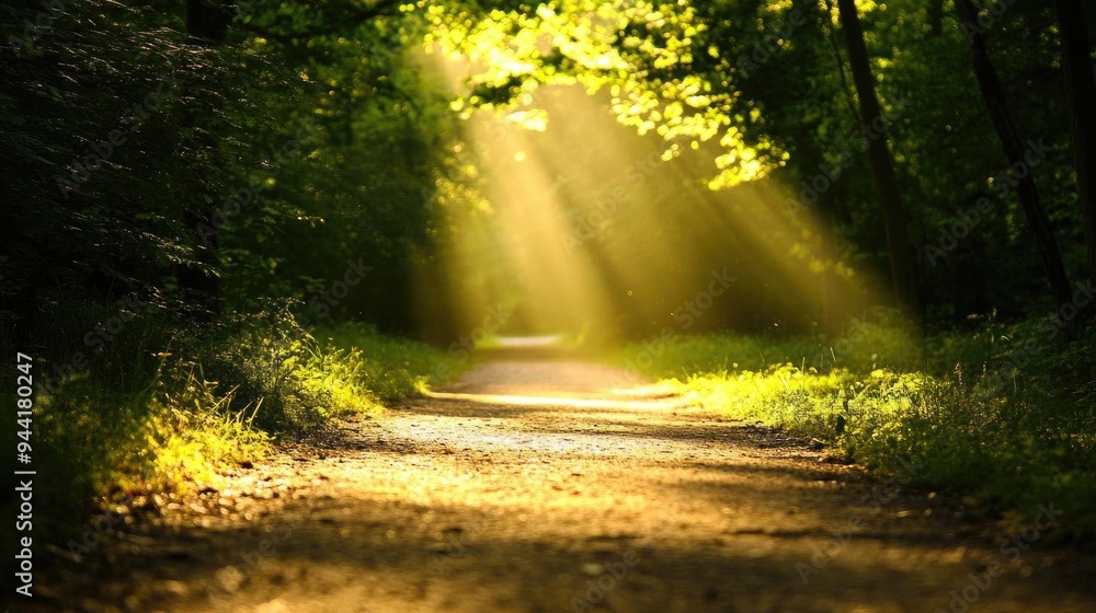 Obraz premium A serene forest pathway illuminated by sunlight filtering through the trees, creating a peaceful and inviting atmosphere.