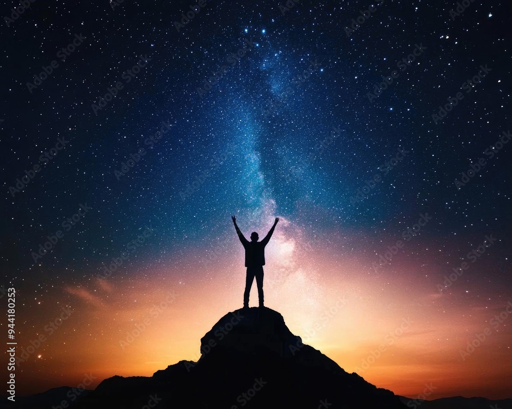 Fototapeta premium A person triumphantly standing on a rock under a starry sky, celebrating the beauty of nature and the universe's vastness.