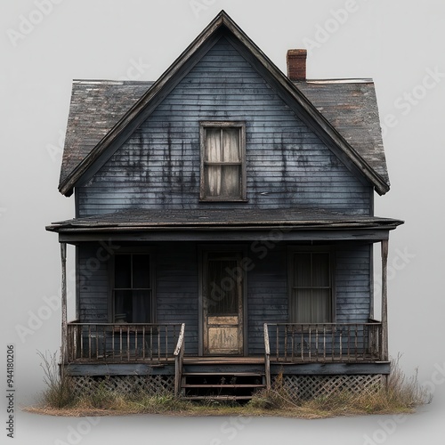 A weathered wooden house with a porch and overgrown grass