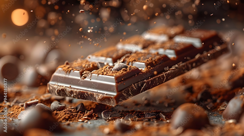 Close Up of Chocolate Bar with Cocoa Powder and Chips, Food Photography Close Up of Chocolate Bar with Cocoa Powder and Chips, Food Photography