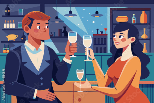 Couple Toasting with Champagne in a Cozy Bar
