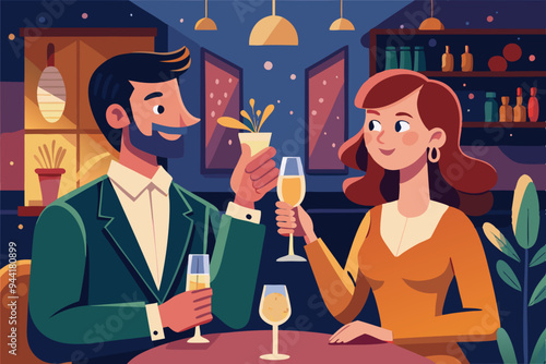 Couple Toasting with Champagne in a Cozy Bar
