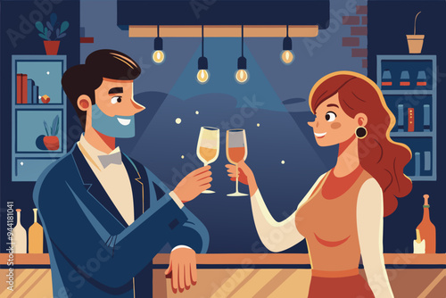 Couple Toasting with Champagne in a Cozy Bar
