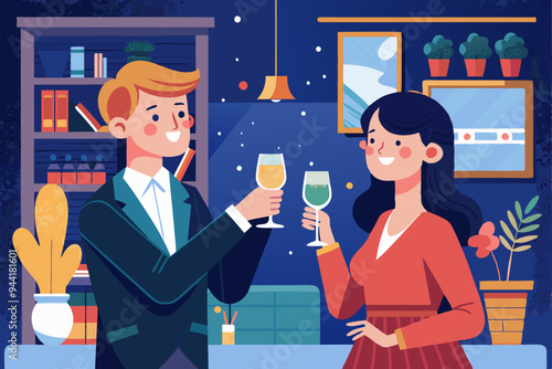 Couple Toasting with Champagne in a Cozy Bar
