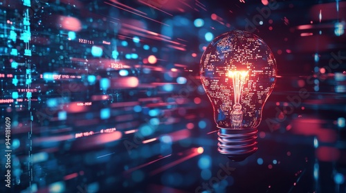 A bright idea light bulb surrounded by an intricate network of binary code and AI algorithms, floating in a virtual space filled with holographic displays of machine learning models, real-time data photo