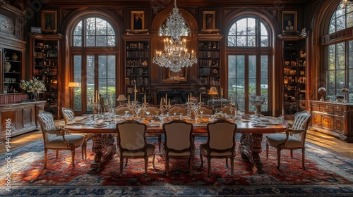 Elegant dining room in a historic mansion set for a formal dinner with chandeliers and large windows.