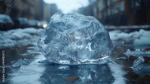 A large clear ice chunk sits on a snowy icy street