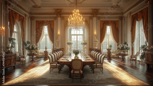 Wallpaper Mural Luxurious dining room with elegant decor, large chandelier, and beautifully set table in ornate mansion. Torontodigital.ca