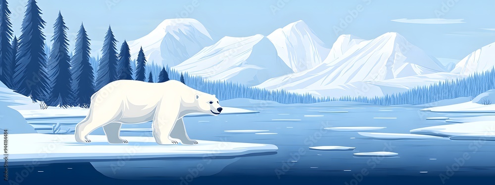Illustration of a polar bear standing on an ice floe, with a winter landscape featuring a river and forest in the background, in a vector illustration style with a flat design, simple shapes Illustration of a polar bear standing on an ice floe, with a winter landscape featuring a river and forest in the background, in a vector illustration style with a flat design, simple shapes