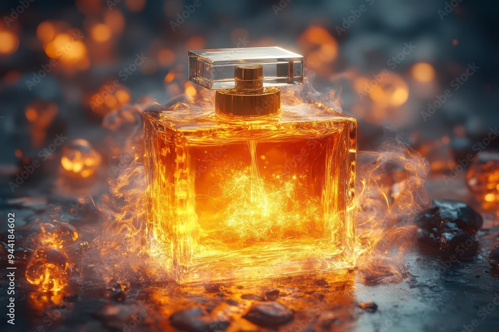 A glass bottle of perfume sits amidst a fiery smoky scene A glass bottle of perfume sits amidst a fiery smoky scene
