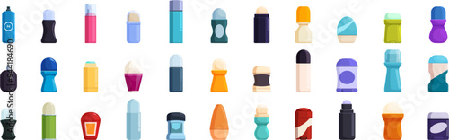 Antiperspirant bottles icons set. Diverse set of deodorants, showcasing various types and brands, emphasizing the importance of personal hygiene