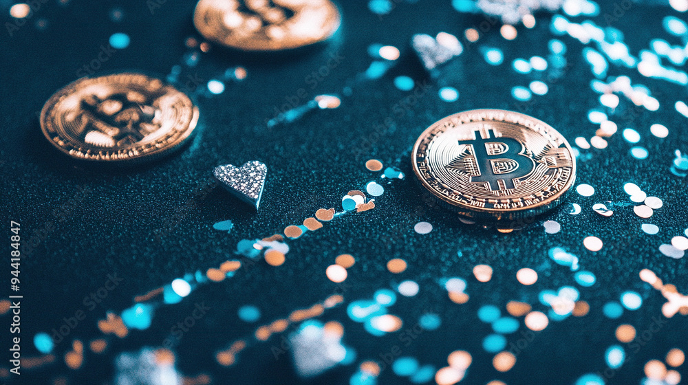 close-up of golden Bitcoin coins on a gold background close-up of golden Bitcoin coins on a gold background