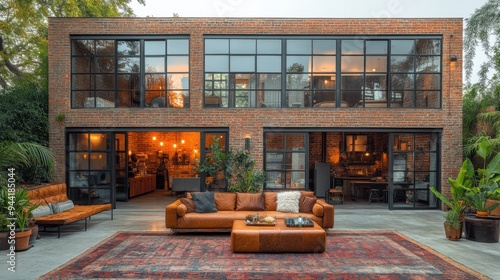 Wallpaper Mural Modern industrial-style brick house exterior with large windows, outdoor seating, and lush greenery. Torontodigital.ca