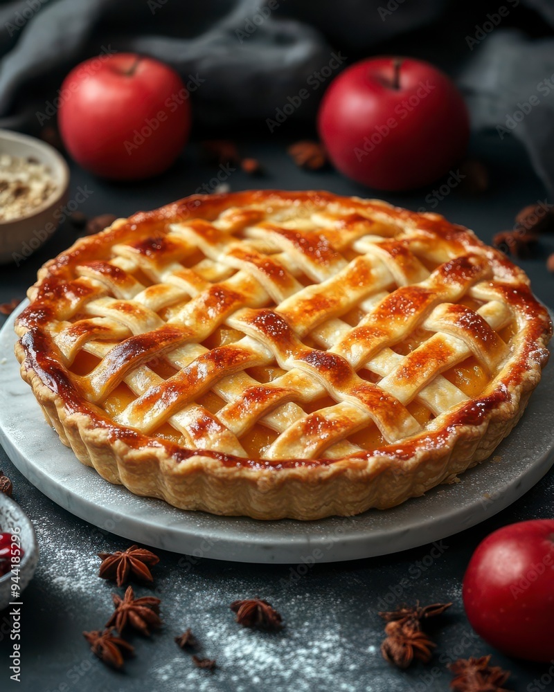 A lattice-top apple pie on a marble cake stand surrounded by apples and spices A lattice-top apple pie on a marble cake stand surrounded by apples and spices
