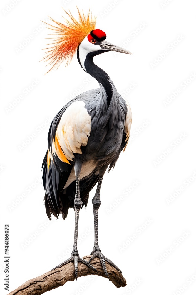 Grey Crowned Crane Bird, Perched on a Branch with White Background, Photo Realistic, Wallpaper, Cover and Screen for Smartphone, Cell Phone, Computer, Laptop, 9:16 and 16:9 Format Grey Crowned Crane Bird, Perched on a Branch with White Background, Photo Realistic, Wallpaper, Cover and Screen for Smartphone, Cell Phone, Computer, Laptop, 9:16 and 16:9 Format