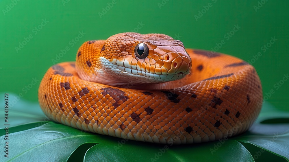 Fototapeta premium A close-up of a brown and orange snake coiled on a leaf