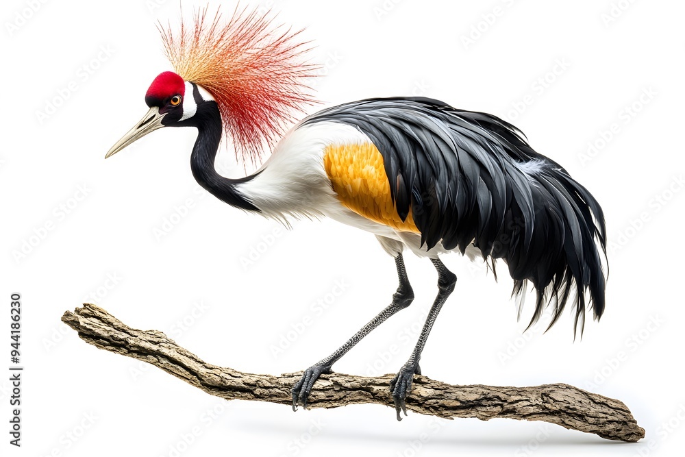 Grey Crowned Crane Bird, Perched on a Branch with White Background, Photo Realistic, Wallpaper, Cover and Screen for Smartphone, Cell Phone, Computer, Laptop, 9:16 and 16:9 Format Grey Crowned Crane Bird, Perched on a Branch with White Background, Photo Realistic, Wallpaper, Cover and Screen for Smartphone, Cell Phone, Computer, Laptop, 9:16 and 16:9 Format