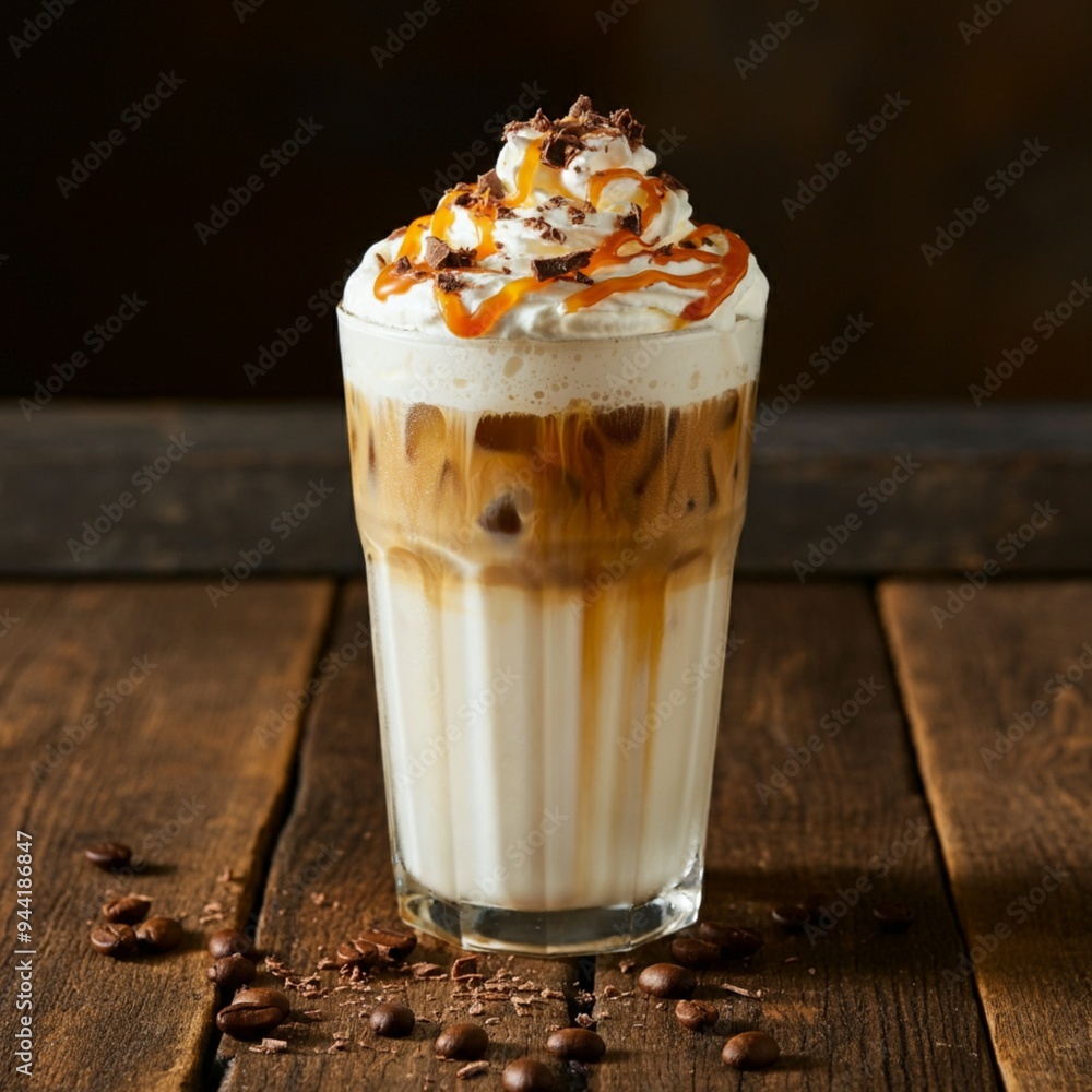 A tall glass of iced coffee with layers of milk and coffee swirling together, topped with whipped cream, chocolate shavings, and a drizzle of caramel, set on a rustic wooden table A tall glass of iced coffee with layers of milk and coffee swirling together, topped with whipped cream, chocolate shavings, and a drizzle of caramel, set on a rustic wooden table