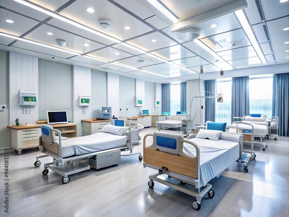 Modern healthcare facility interior featuring rows of sleek hospital beds, medical equipment, and computer stations, conveying a sense of professionalism and high-quality care. Modern healthcare facility interior featuring rows of sleek hospital beds, medical equipment, and computer stations, conveying a sense of professionalism and high-quality care.